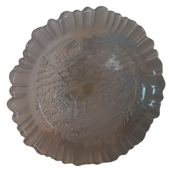 Frosted Glass, Winter Woods Pedestal Dish, Ruffled Edge, Fluted Base, Winter Sce - Picture 4 of 7